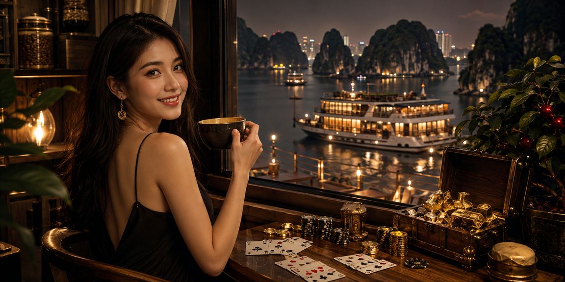 Người dùng tại vịnh Hạ Long thưởng thức cà phê và tham gia trò chơi bài trực tuyến một cách thư thái