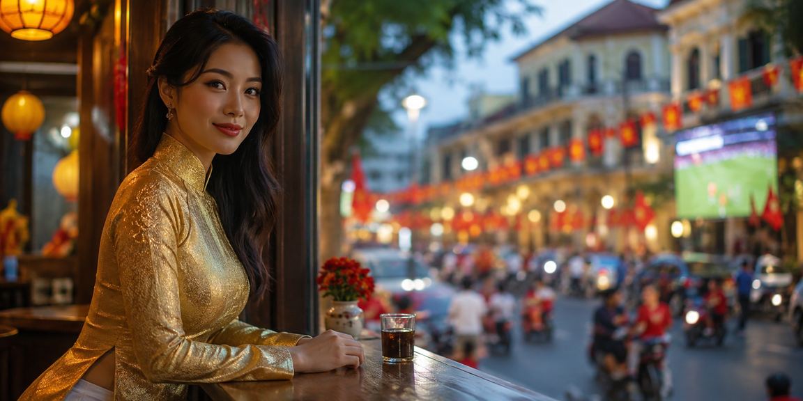 Người phụ nữ mặc áo dài tại Hà Nội theo dõi trận bóng đá và đặt cược trực tuyến trên điện thoại