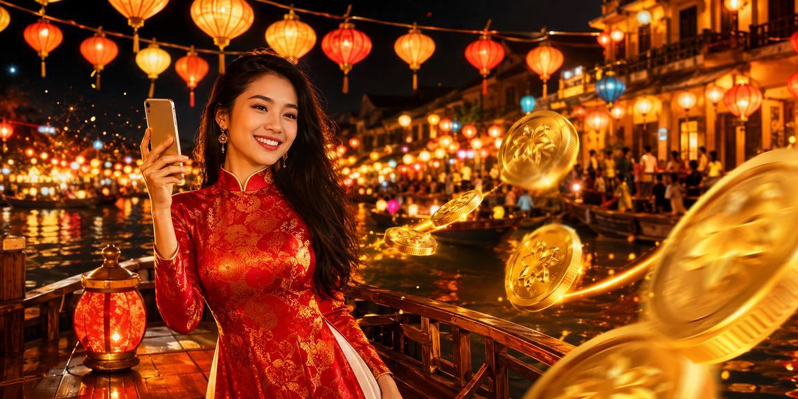 Người phụ nữ mặc áo dài tại Hội An sử dụng điện thoại trong không gian yên tĩnh và cân bằng