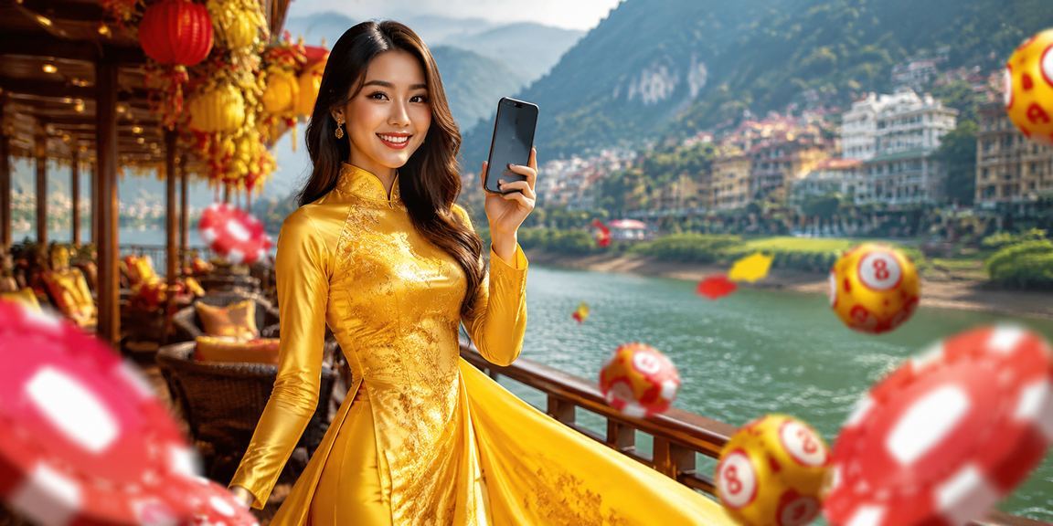 Người phụ nữ mặc áo dài tại Sapa tham gia xổ số và khuyến mãi trực tuyến trên điện thoại